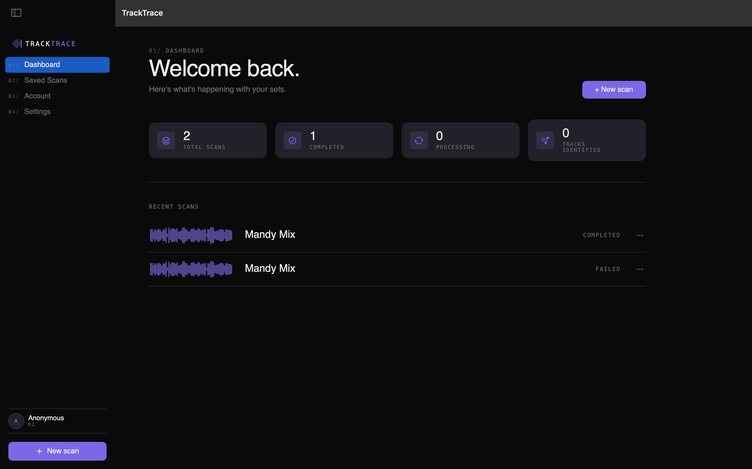 TrackTrace dashboard — recent scans and stats