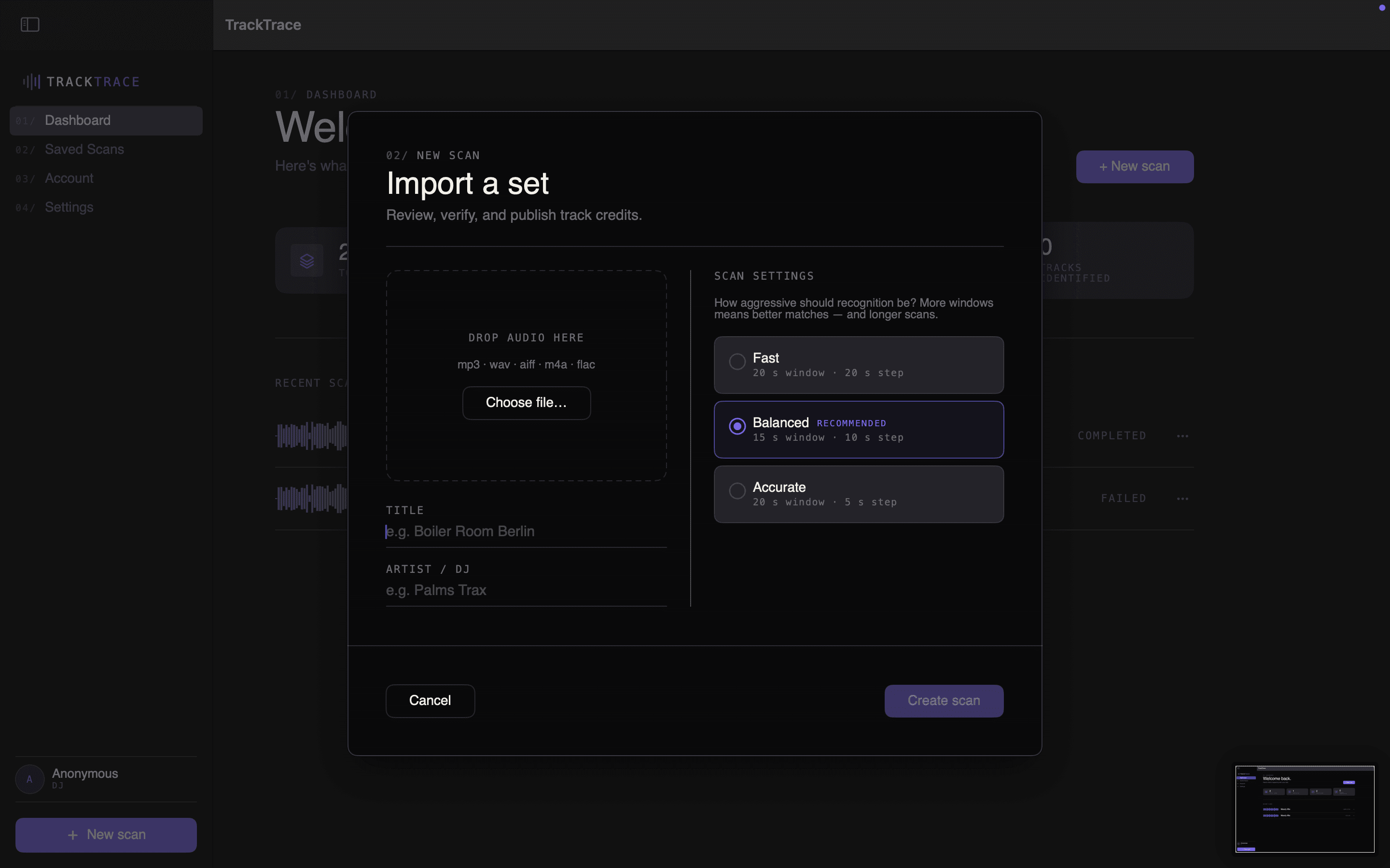 Import a set — pick audio file, choose Fast/Balanced/Accurate scan settings