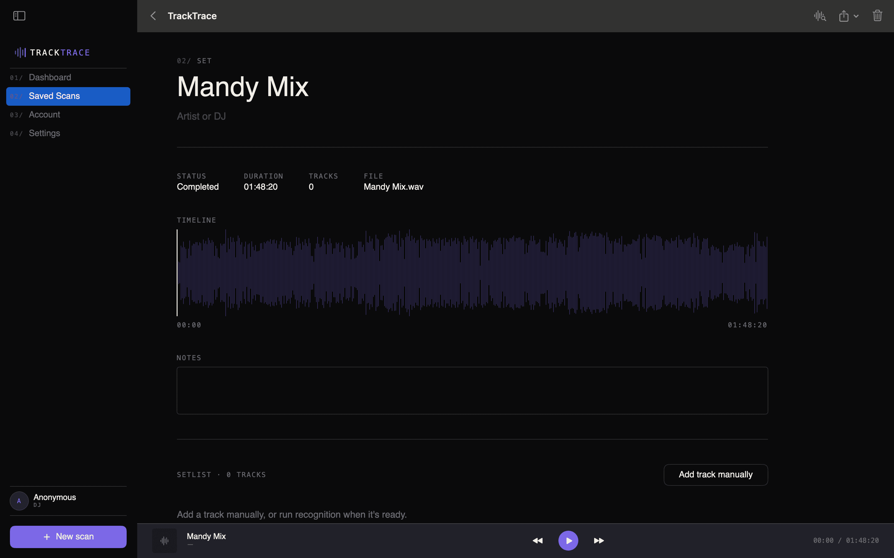 Scan detail — waveform timeline for a 1h48m set with track slots below